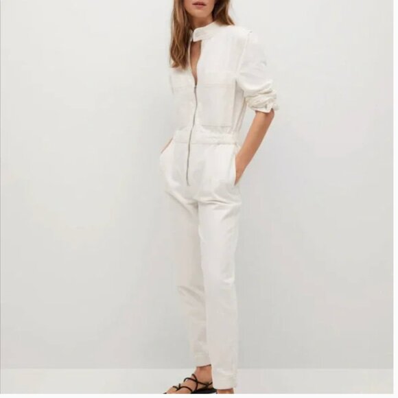 MANGO MNG Denim Off White Zip Front Utility Jumpsuit with Front Pockets NWT - Picture 1 of 13